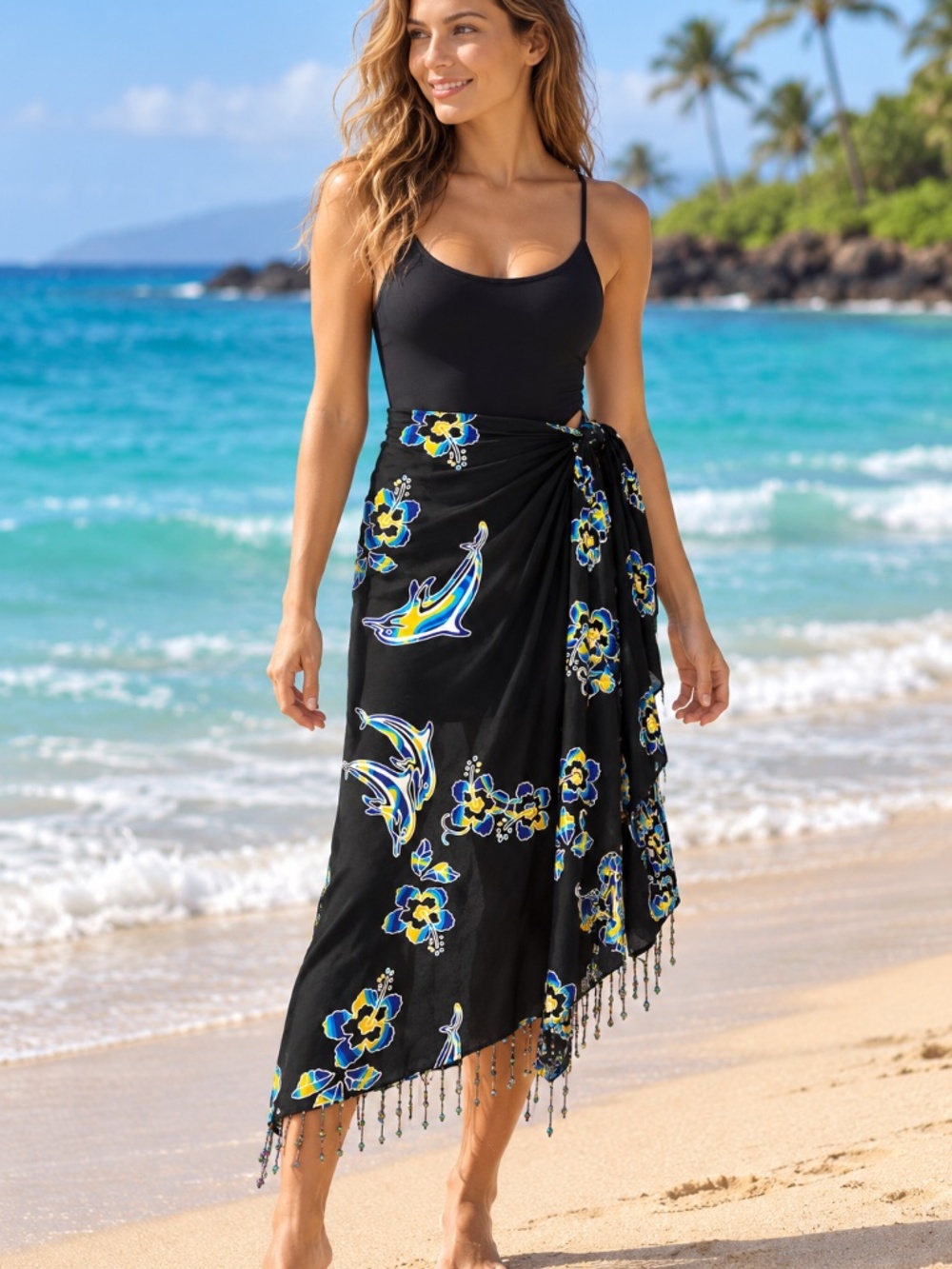 Mr. Buho Dolphin Floral Sarong Beach Wrap Beaded Fringe Rayon One Size Black